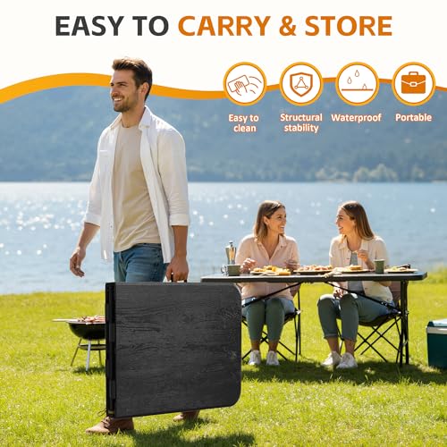 6 Ft Plastic Folding Table,Heavy Duty Portable Table for Indoor & Outdoor,Wood Grain Desktop & 350lbs Weight Capacity,Premium Solutions for Camping,Picnic,BBQ and Party - size: 6ft-black