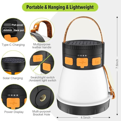 LED Camping Lantern, 1500 Lumens Spotlight Flashlight Rechargeable with Solar Panel Charging, Waterproof Spot Light, 8 Light Modes, 7500mAh, Camping Flashlight for Emergency, Orange&Brown - size: Orange&Brown