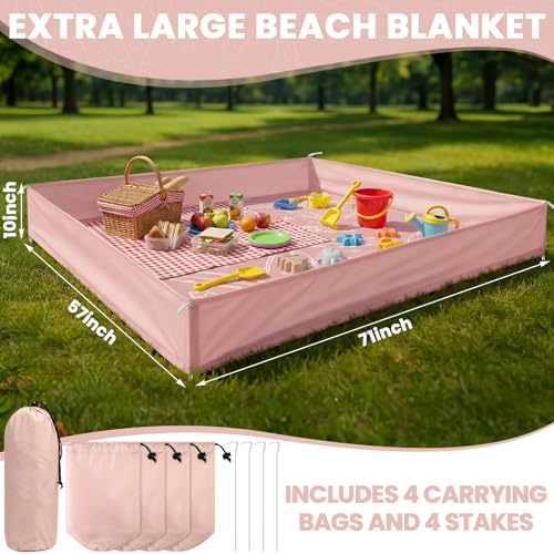 Large Beach Blanket Sandproof Waterproof with Side Walls, 71"x57" Pink Outdoor Portable Beach Blanket Includes 4 Storage Bags and 4 Stakes for Beaches Keep Sand Out Family Camping Park Travel Vacation