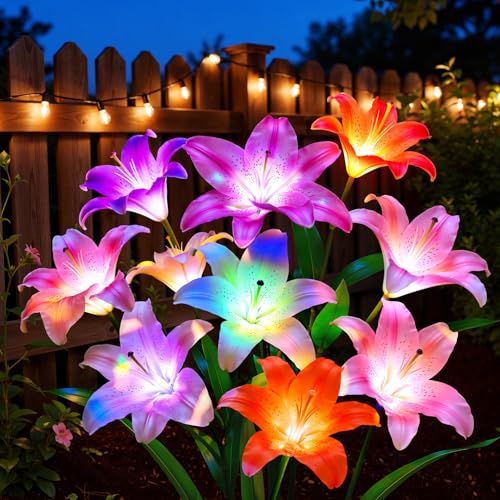 LETMY Solar Garden Lights, 4 Pack Solar Flower Lights with 6 Head Bigger Lily Lights, IP65 Waterproof Solar Lights Outdoor, Decorative Lights for Garden, Patio, Yard, Flower Bed - size: 4 PACK