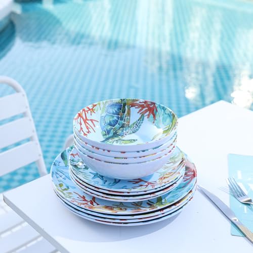 12-Piece Melamine Turtle Dinnerware Set, Ocean Plates and Bowls Sets, Indoor Outdoor Dish Sets for 4, Unbreakable Lightweight Tableware Set - Turtle - color: Blue Turtle