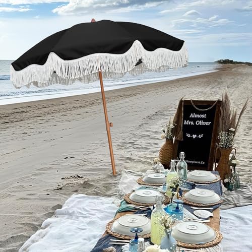 AMMSUN Boho Fringe Umbrella Outdoor Patio, 6.5ft UPF50+ Picnic Umbrella with Tassels with Steel Pole and Push Button Tilt, Noble Black - color: Noble Black