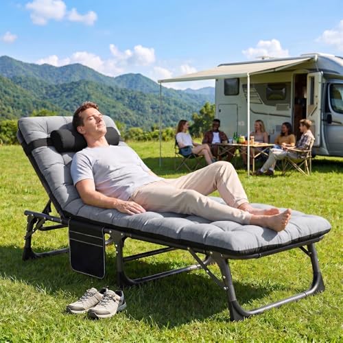 ABORON 3-in-1 Folding Patio Lounge Chair, 440LB Heavy-Duty Tri-Fold Guest Bed with Plush Cotton Cushion, No Assembly Adjustable Recliner for Office Nap, Patio Sunbathing, Poolside & Camping - color: Light Slate