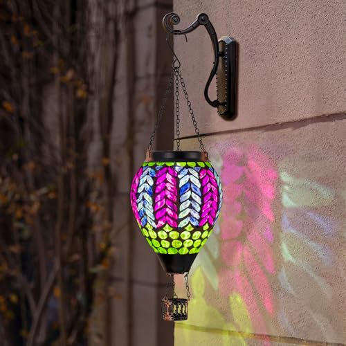 Mosaic Hot Air Balloon Solar Lanterns Outdoor Waterproof, Colorful Glass Solar Hanging Lantern Lights for Garden Patio Yard Gifts for Women Mom Grandma - color: A_Mosaic Purple