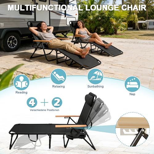 Outdoor Chaise Lounge Chair with 4-Position Adjustable Backrest, Patio Folding Sun Tanning Chair, Pillow & Cup Holder, Portable Recliner Sunbathing Lounger Chairs for Pool Beach Lawn Garden (Black) - color: Black