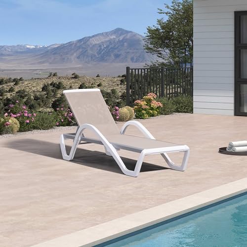 PURPLE LEAF Patio Chaise Lounge Chair with Armrests Outside Aluminum Plastic Stackable Tanning Chairs for Pool Sunbathing Beach Deck Outdoor Lounger, Khaki - color: Khaki, style: 1 chair(w/Arms)