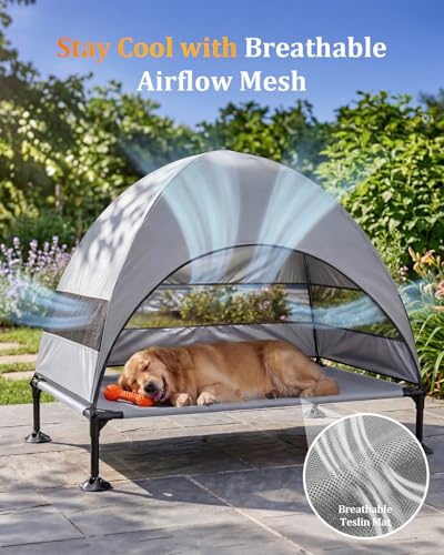 Elevated Outdoor Dog Bed with Canopy, Raised Dog Cot with Stable Adjustable Feet, Dog Camping Bed with Larger Shade, Lifted Dog Tent Bed with Canopy for Outside - color: Grey, size: Large