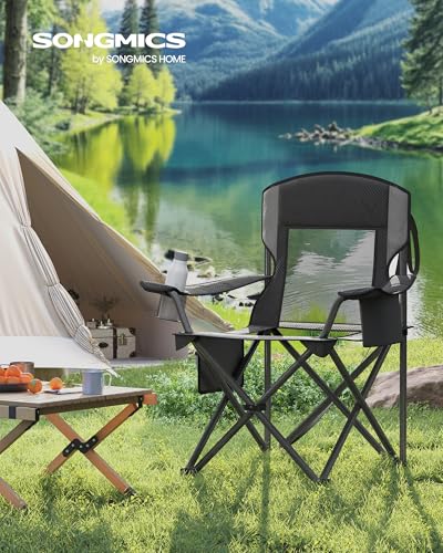 SONGMICS Camping Chair, Folding Oversized Chair, Comfortable and Heavy-Duty, 352 lb Weight Capacity, Adjustable Armrests with Cooler Bag, Storage Bag, Breathable Mesh, Ink Black UGCB060B01 - color: Black, style: 1PC (24.8"D x 37"W x 38.6"H)