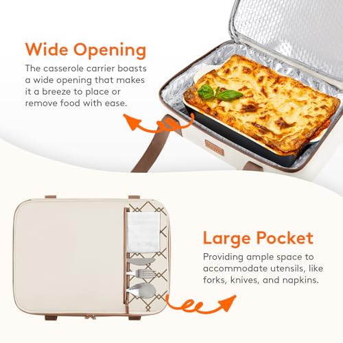 Lifewit Insulated Double Decker Casserole Carrier, Expandable Lasagna Lugger Tote Bag for Hot or Cold Food, Fits 9" x 13" Baking Dish for Potluck Parties, Picnic and Cookouts, Cream-Geometric - color: Cream-geometric