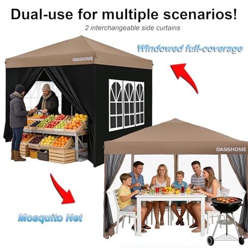 OASISHOME Pop-up Gazebo Instant Portable Canopy Tent 10'x10', with 2 Styles Sidewalls,Netting, Windows, Wheeled Bag, for Patio/Outdoor/Wedding Parties and Events(Khaki，10x10) - color: Khaki with 2 styles Sidewalls
