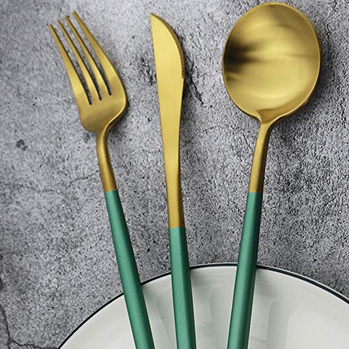Green Handle Matte Gold Silverware, Gugrida 5-Piece 18/10 Stainless Steel Flatware Set, Kitchen Utensils, Tableware Travel Cutlery for Camping Office Lunch, Satin Finish, Dishwasher Safe - color: Green Handle Gold, size: Service for 1