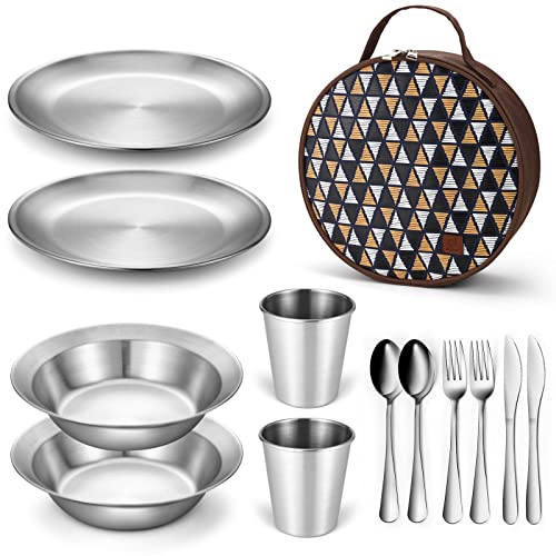 Odoland Stainless Steel Camping Mess Kit for Family & Person, Cooking Tableware Utensils with Plates Bowls Forks Spoons Knives & Savings Bag for Camping, Backpacking, Hiking, Picnic - style: 2 Person Set