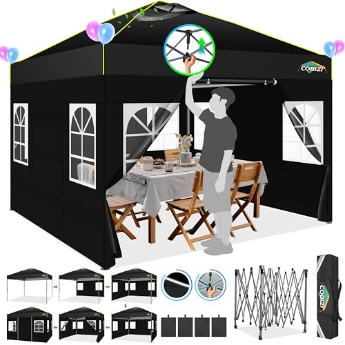 COBIZI 10x10 Pop up Canopy Tent with Sidewalls,One Push Setup Tent for Parties, Waterproof & UV 50+ Outdoor Commercial Gazebo with Air Vent, Reflective Strip,4 Sandbags for Garden, Beach,Black - color: Black(1-year warranty), size: 10x10