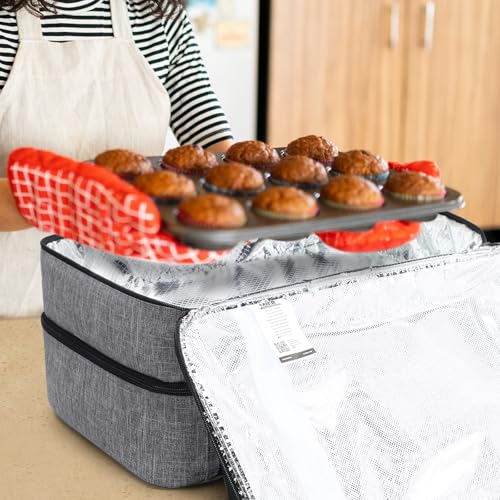 MIER Insulated Casserole Carrier Fits 9"x13" Baking Dishes/Foil Pans, Double Food Carriers Bag Thermal Holder for Hot or Cold Food Lasagna Lugger Potluck Parties Picnic Travel, Gray - color: Gray, size: 16 x 11 x 7.8 inches