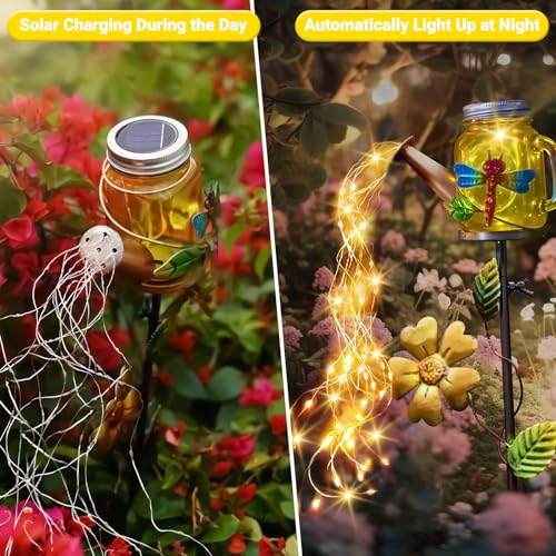 SRNPMIU Solar Watering Can Light, Yard Outdoor Decor Lights, IP65 Waterproof, Hanging Dragonfly Garden Light, Outside Garden Flower Bed Decor, Women Gift, Birthday Gifts - color: Yellow-Dragonfly