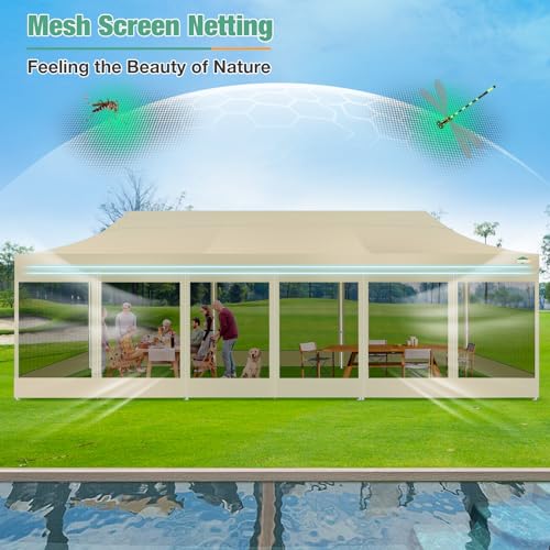 COBIZI 10x30 Canopy Tent, Heavy Duty Pop up Canopy with Sidewalls, Waterproof Easy Setup Tent with Mosquito Netting, Outdoor Instant Screen Tents for Parties, Wedding with Roller Bag, Khaki - color: Khaki, size: 10x30ft