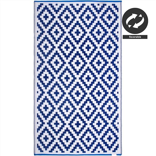 FH Home Outdoor Rug - Waterproof, Fade Resistant, Reversible - Premium Recycled Plastic - Geometric - Large Patio, Deck, Sunroom, Camping, RV - Aztec - Blue & White Crease Free - 6 x 9 ft - color: Aztec - Blue & White, size: 6' x 9' (Rectangular)