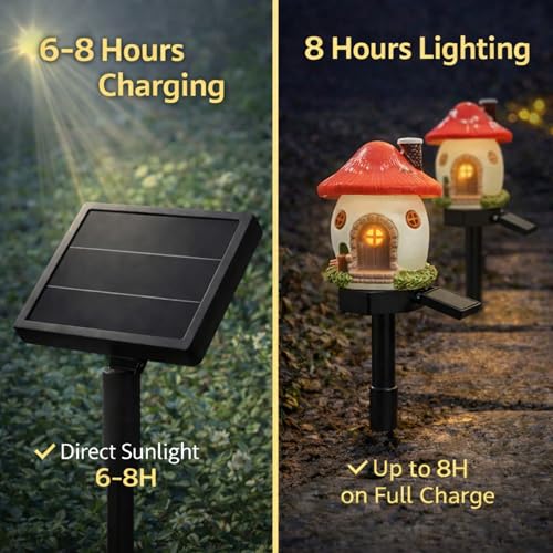 Solar Mushroom House Lights Outdoor, 2 Pack Waterproof Decorative Fairy Garden Pathway Lights, Hand-Painted Resin Storybook Cottage Decor for Yard Lawn Walkway Patio, Unique Gift for Garden Lovers - style: Mushroom House