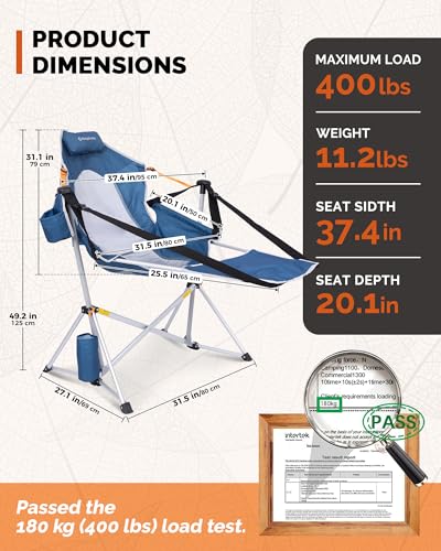 KingCamp Hammock Chair with Footrest – Heavy Duty Swinging Rocking Camping Chairs for Adults up to 400lbs, Folding Portable Oversized Rocker with Cup Holder & Pillow for Outdoor Beach Lawn RV Sports - color: Footrest Deluxe Darkblue/Mesh