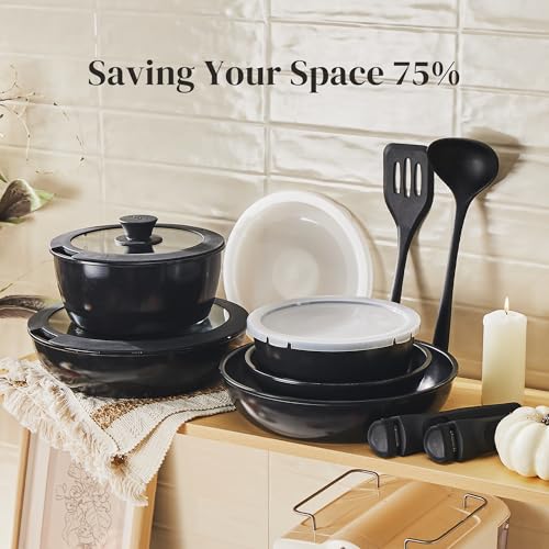 Redchef 16pcs Ceramic Pots and Pans Set Non Stick, Nonstick Kitchen Cookware Set with Detachable Handle, Non Toxic, PFAS PFOA & PTFE Free, RV Cookware Set for Camping, Dishwasher/Oven Safe (Black) - size: 16 pcs Black