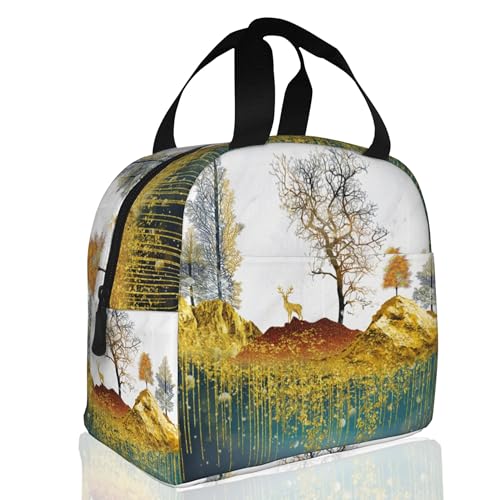 Insulated Lunch Bag, Golden Deer Mountains and Tree Lunch Box for School Student Kids Boys Girls,Leakproof Small Lunch Tote for Adult Men Women,Reusable Lunch Cooler Tote Bag for Office Work Picnic - color: Golden Deer Mountains and Tree