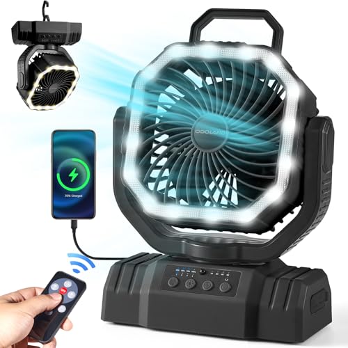 Odoland Portable Camping Fan with LED Lantern, 20000mAh Rechargeable Battery Powered Fan with Auto Oscillation, Timer, Remote, 360° Rotation Hook, 4 Speeds for Power Outage Travel Home, Black - color: Black