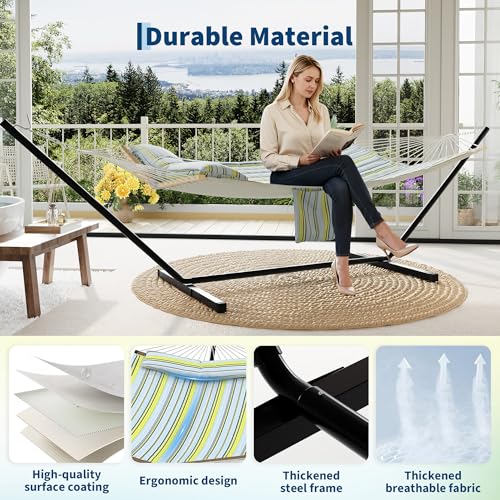 2 Person Double Hammock with Adjustable Steel Stand & Pillow, Heavy Duty Portable Outdoor Hammock Set, MAX 450 LBS Weight Capacity for Patio, Garden, Beach, Backyard - color: V-light Blue-green Striped