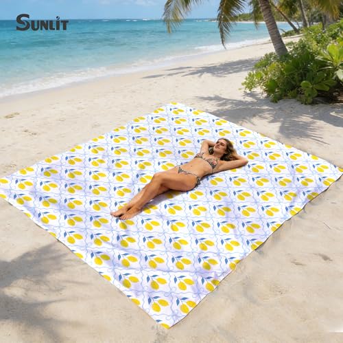 Sunlit Large Beach Blanket Waterproof Sand Proof, 81" x106" Sand Free Mat with Corner Pockets and Storage Bag, for Travel Beach Camping Outdoor Festival, Chic Summer Accent Lemon Lattice
