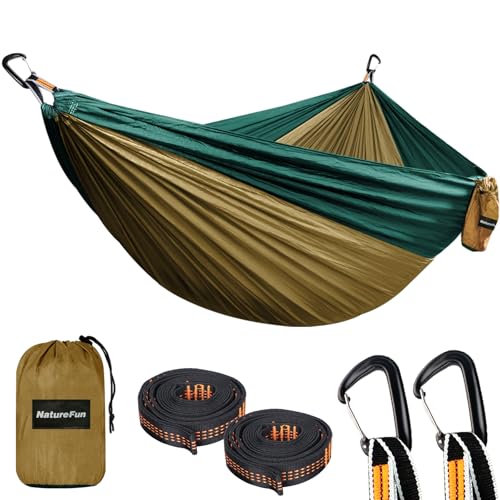 NATUREFUN Ultra-Light Travel Camping Hammock | 300kg Load Capacity,Breathable,Quick-Drying | 2 x Premium Carabiners,2 x Nylon Slings Included | Outdoor Indoor Garden - color: Camel/Olive Green, size: 300x200cm