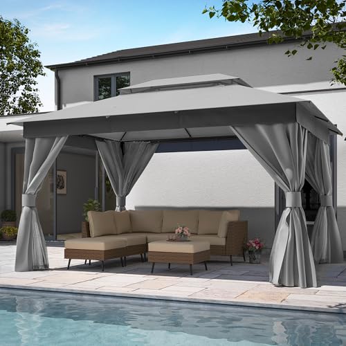 LAUSAINT HOME 10'x13' Outdoor Gazebo, Metal Frame Heavy Duty Patio Canopy Tent Shelter with Double Roofs, Mosquito Nettings and Privacy Screens for Backyard, Garden, Lawn, Gray - color: Gray, size: 10'x13'