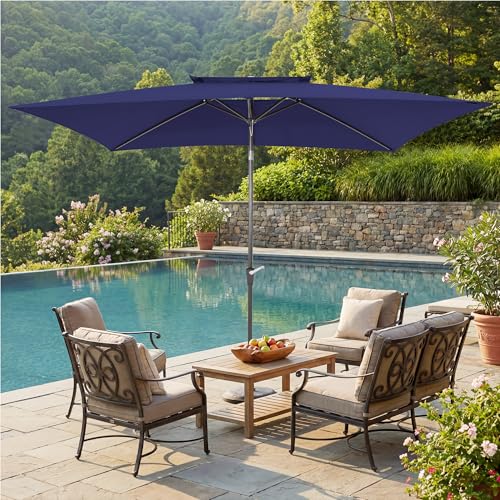 6.6 x 10 ft Rectangular Patio Umbrella, Outdoor Market Table Umbrella with Push Button Tilt and Crank, Double-Tier Vent, 6 Ribs, Rectangle Patio Umbrella for Backyard, Deck, Pool, Fits 4–6 Chairs and Tables (Navy) - color: Navy