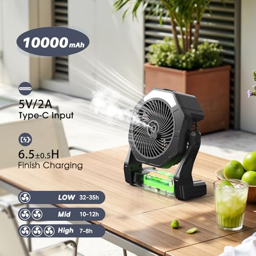 Ausic Portable Misting fan, 8-Inch Cooling Mist Fans, [8-35Hrs] USB Rechargeable Battery Powered Fan with Mister, 250mL Water Tank & LED Lantern, for Home Desk, Bedroom, Office, Outdoor&Indoor Use - color: Black, size: 8-35Hrs Runtime
