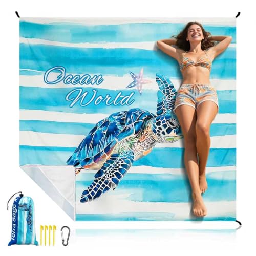 Beach Blanket Waterproof Sandproof Beach Mat 79" X 83" for 2-8 Adults, Sand Free Mat Quick Drying for Travel, Camping, Hiking with 4 Stakes & 4 Corner Pockets (Turtle) - color: Turtle