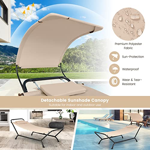 Tangkula Hammock with Stand Included, Heavy Duty Outdoor Hammock with Adjustable Canopy, Rustproof Metal Stand, Pillow, Storage Pocket, Hammock Bed with Stand for Backyard Lawn Poolside (Beige) - color: Beige