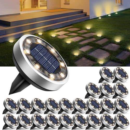 btfarm 24 Pack Solar Lights Outdoor, 8 LED Solar Ground Lights IP65 Waterproof Flat Solar Disc Light, Pathway Lights for Garden Lawn Patio Yard Path Landscape, Warm White - color: Warm White, size: 24 Pack