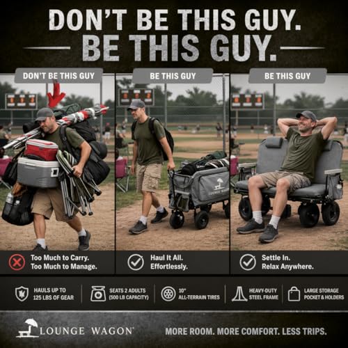 The Lounge Wagon – The Only Wagon that Converts into a 2-Person Chair - 3-in1 cart - Included Cargo net- Ultimate Beach Wagons– Beach Chairs for Adults – Sports Wagon(Umbrella Sold Separately), Gray - color: Gray
