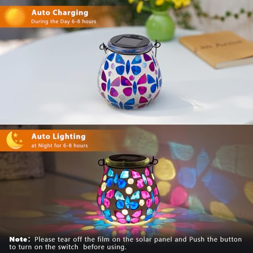 Stargarden Mosaic Solar Lanterns, Glass Hanging Lantern Waterproof Outdoor Hanging Solar Lights Butterfly Decorative Lantern for Garden ,Patio,Yard Decor - color: Butterfly
