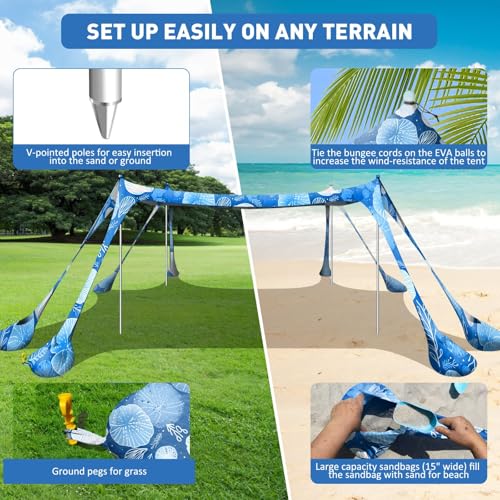 Beach Tent Sun Shelter 10x10ft Beach Canopy Easy Pop Up Sun Shade Portable UPF50+ with 8 Sandbags-2 Sand Shovel-4 Aluminum Poles-Ground Pegs for Outdoor Family Camping Fishing Backyard Picnic - color: Navy Jellyfish, size: 10x10 FT 4 Pole
