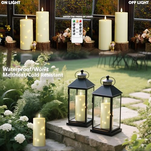 kakoya 10" x 4" Large Outdoor Waterproof Flickering Flameless Candles with Timer,2Pcs Battery Operated LED Pillar Candles with Embedded Star String for Outdoor Lanterns,Porch,Patio Decor(Ivory) - color: Ivory, size: 2PCS-D4"xH10"