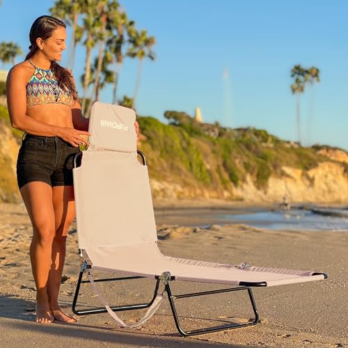 EASYGO PRODUCTS Pool Chair Chaise Lounge 2 Legs Support Polyester Material Reclining Backrest Head Rest Pillow Great for Beach, Home, Backyard, Outdoor, Patio, Pool, Camping, Lawn or Deck Color TAN - color: Ecochair-tan