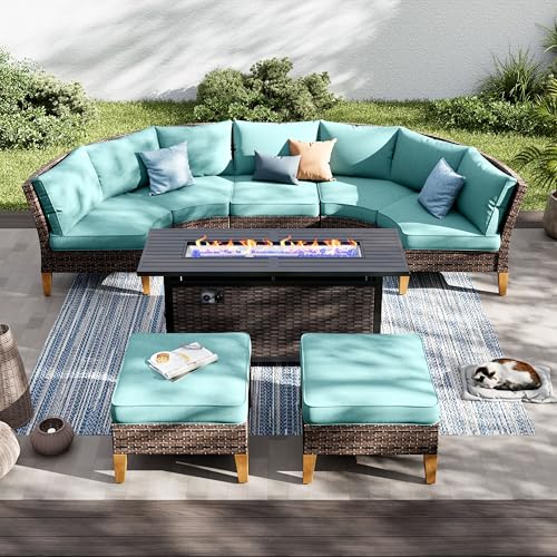 PHI VILLA 6-Piece Wicker Patio Furniture Set with Fire Pit Table, Outdoor Half-Moon Curved Sectional Sofa with Cushions, 56” Gas Fire Pit Table and Ottomans, Aqua Blue - color: Aqua Blue+fire Pit, size: 7 Seats - Curved