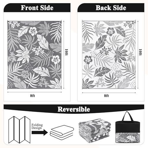 Pauwer Waterproof Outdoor Rug 8x10, Reversible Plastic Straw Patio Camping Rug, Indoor Outdoor RV Mat Carpet for Deck, Camper, Porch, Balcony, Backyard, Picnic, Floral Grey - color: Floral Grey, size: 8' x 10' (Rectangular)