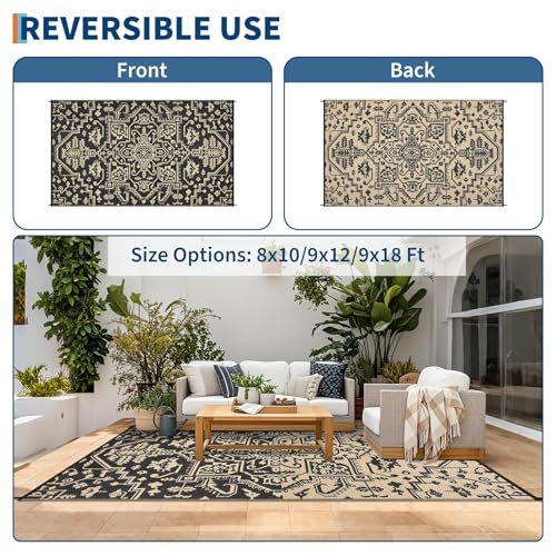 GarveeHome 9x12 Outdoor Rugs Vintage Medal Reversible Plastic Straw Rug UV Resistant Non Shedding Camping Carpet Fold Portable Outside Carpet Mat for RV Porch Backyard Balcony Pool Side, Black Brown - color: Vintage | Black Brown, size: 9' x 12' (Rectangu
