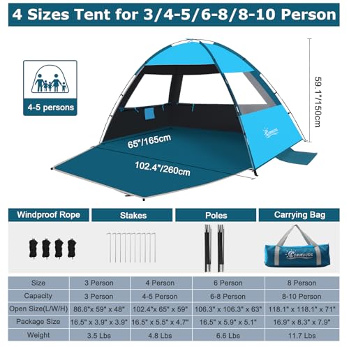 COMMOUDS Beach Tent Sun Shade for 3/4/6/8 Person, UPF 50+ Beach Sun Shelter Canopy Tent, Lightweight, Easy Set Up and Carry - color: Sky Blue with Dark Shelter, size: 3 Person