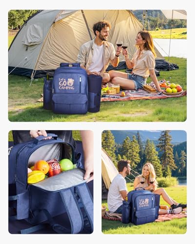VEVOR Picnic Backpack, Beach Picnic Backpack Bag for 4 Person with Insulated Cooler Compartment, Detachable Bottle/Wine Holder, Lightweight Blanket, Plates and Cutlery Set for Outdoor, Navy Blue - size: single layer for 4 & blue