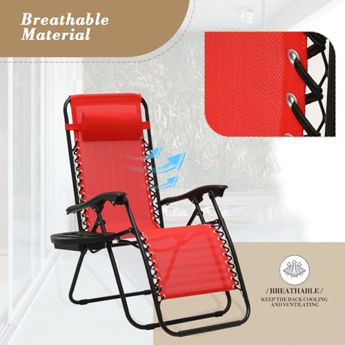 Athena Collection Zero Gravity Outdoor Lounge Chair Set of 2 with Side Table, 25" Width Pool Lounge Lawn Chairs Reclining with Cup Holder, Outdoor Chaise for Beach Patio Backyard Outside, Red - color: Red, style: 25" Width
