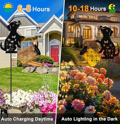 Solar Lights Outdoor Decorative, Watering Can with Cascading Lights, with Dog Silhouette Garden Stakes, Gifts for Mom Women, Waterproof Metal Garden Decor for Yard Art, Outside(1 Pack) - color: Dog 1 Pack