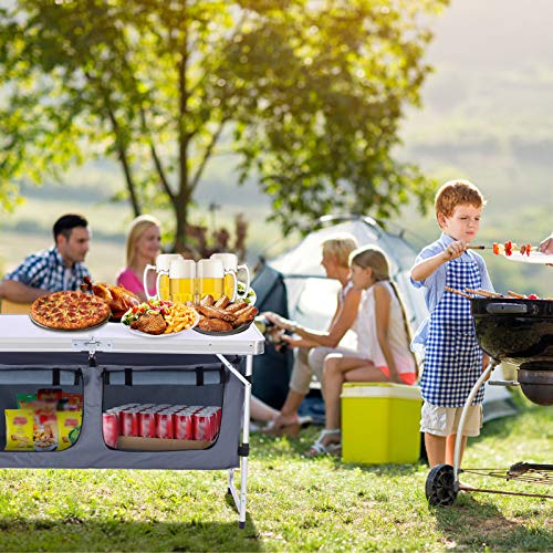Folding Camping Table with Storage Aluminum Lightweight Camp Table Height Adjustable Picnic Tables for Outdoors Portable Foldable Beach Table Perfect for Tailgating, Travel, Backyards, BBQ, Party - color: White Standard
