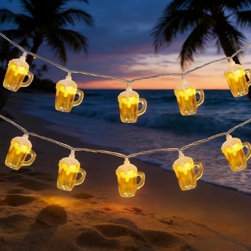 Beer Mug String Lights, 8.5Ft Hawaiian Beach Themed Party Decorations String Lights with 10 3D Beer Cup Lights, Outdoor Light Beer for Tropical Luau Party Beach Pool Summer Tiki Gifts Decorations - color: Beer Mug