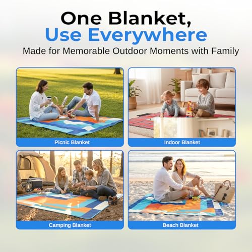 scuddles Extra Large Picnic Blanket – 60" x 80" Waterproof Outdoor Mat with Soft 3-Layer Comfort, Cozy Fleece Top, Foldable Design & Carry Strap for Beach, Camping, Parks & Hiking - color: Blue